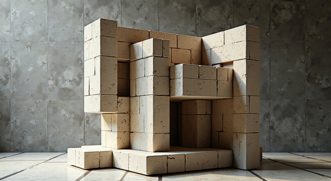 Abstract geometric structure of beige blocks - ideal for architecture blogs, design websites, modern art presentations, and minimalist interior decor inspiration