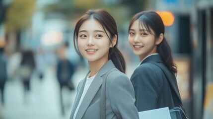 スーツ姿の日本人女性が街を歩く