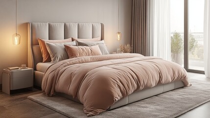 Fototapeta premium Modern Bedroom Interior with Plush Bed and Subtle Lighting