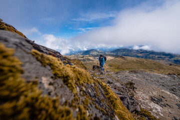 Fototapeta premium young man climbing hiking a mountain, winning in hiking reaching life golas, success, freedom and toughness