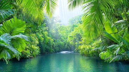 An atmospheric fantasy forest with rays of sunlight shinning through the trees, lush jungle foliage and a dark rainforest. 3D illustration.