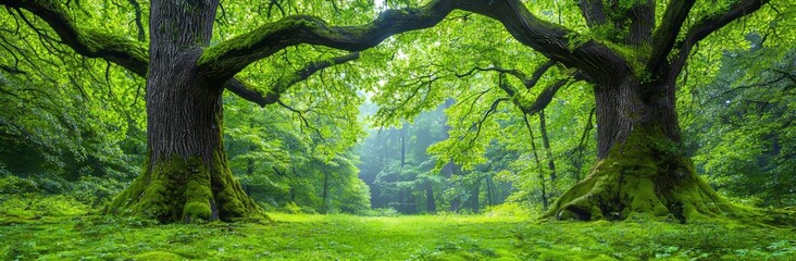 Obraz premium An imaginary forest with giant trees as a background banner