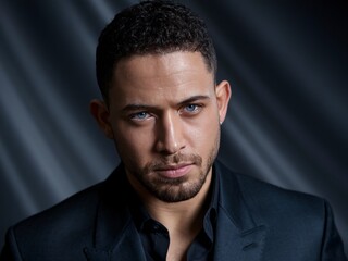 Fototapeta premium Intense Gaze: A young man with piercing blue eyes and a confident expression stares directly into the camera, his dark hair framing his face in a striking portrait. The background is a blur of soft.