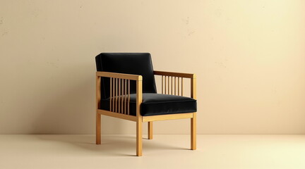 Elegant wooden armchair with black upholstery - perfect for interior design blogs, furniture websites, home decor catalogs or minimalist lifestyle presentations