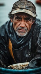Fototapeta premium A seasoned fisherman reflects on his day in a rain-soaked coastal village during an overcast afternoon
