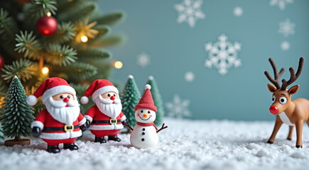 Festive Christmas scene with Santa figurines, snowman, and reindeer - perfect for holiday blogs, greeting cards, social media posts, and seasonal marketing campaigns