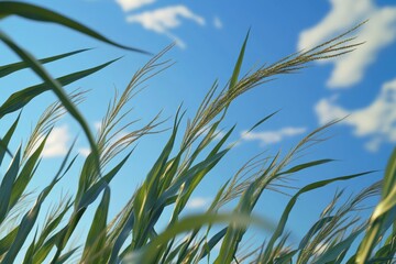 Fototapeta premium Close-up of corn stalks swaying in the wind against a blue sky