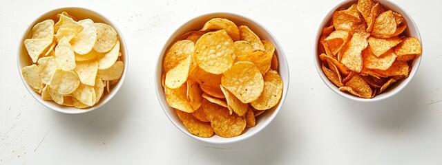 Three bowls of assorted potato chips arranged on a white table, showcasing different flavors and textures ready for snacking