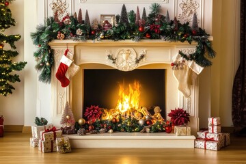 Festive christmas fireplace with stockings and ornaments for holiday decor