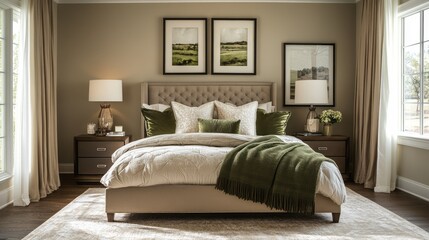 Luxurious Bedroom Interior with a King-Sized Bed and Green Accents
