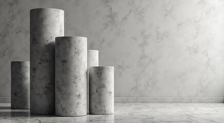 Minimalist concrete cylinders against textured wall - ideal for architecture blogs, interior design websites, modern art galleries, and industrial style presentations