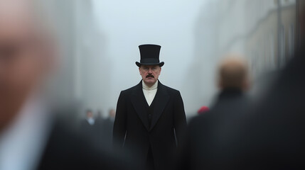 A Victorian man in a black coat and top hat walking through a foggy cobblestone street, exuding an air of mystery and elegance from a bygone era