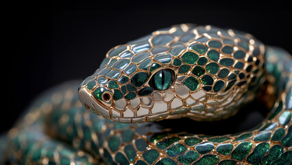 Fototapeta premium Elegant green and gold snake brooch close-up for jewelry design inspiration