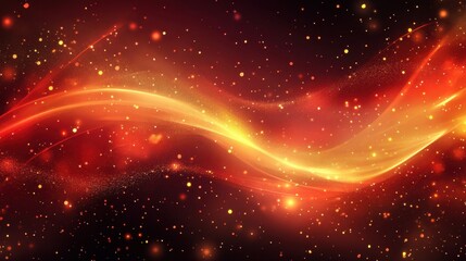 Fototapeta premium Abstract glowing orange and yellow light waves with particles on dark background