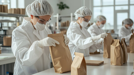 Workers testing biodegradable packaging, carefully examining materials designed for sustainability, highlighting innovation in eco-friendly solutions for a greener future