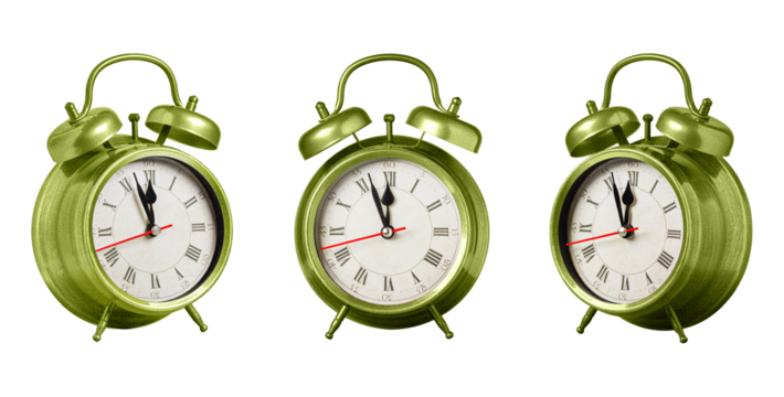 set collection retro clock, watch, pointer clock, Green color alarm clock on isolated white background close up