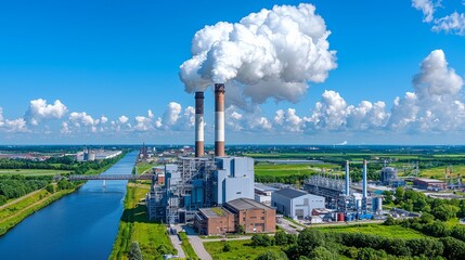 An industrial coal plant with a backdrop of blue skies and white fluffy clouds is engulfed in a plume of smoke