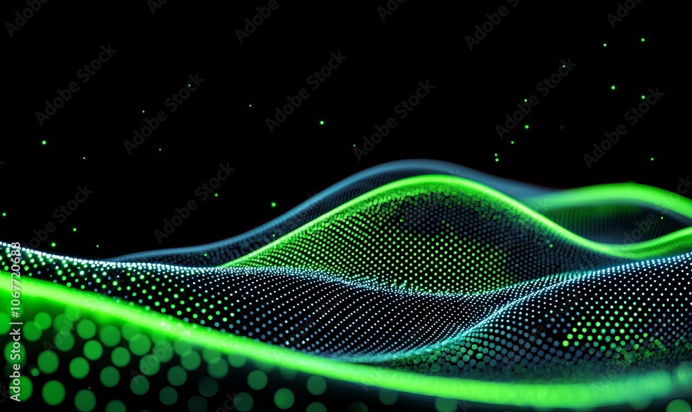 Poster the image shows an abstract digital wave with green particles on a dark background