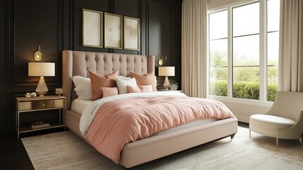 Fototapeta premium A Luxurious Modern Bedroom with Plush Bedding and Elegant Decor