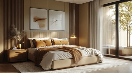 Modern Bedroom with Beige and Brown Tones and Large Windows