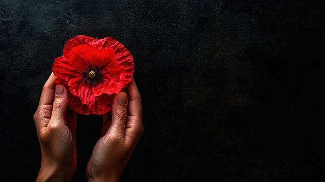 Hand holding one red poppy flower. Remembrance Day, Memorial, Armistice, Anzac day background. Lest we forget concept