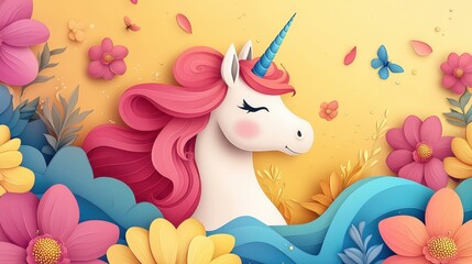 Obraz premium Colorful Unicorn in Floral Garden 