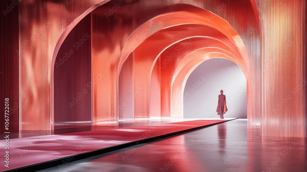 Poster a lone figure walks down a runway surrounded by red arched structures.