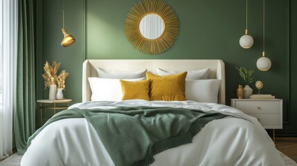 Green and Gold Bedroom Interior with a King-Sized Bed