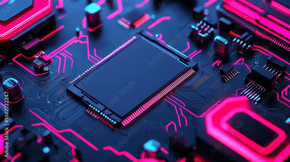 Poster stunning close-up of etched nanotechnology circuits on a tiny microchip