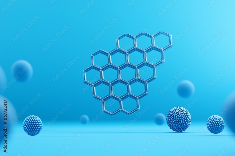 Poster this is a 3d rendering of an abstract nanotechnology hexagonal geometric form. you can see the atomi