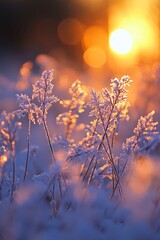 Obraz premium Golden Hour Frost Winter Sunrise Casts Warm Glow Over Snow Covered Field With Delicate Iced Flowers