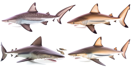 Set of Four Realistic Shark Models on Transparent Background Generative AI
