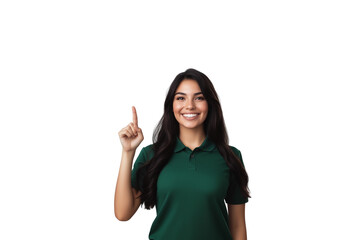 A smiling woman with long dark hair wearing a green polo shirt, holding up one finger pointing upward against an isolated, transparent background