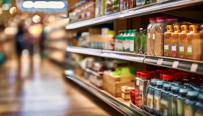 Fototapeta premium Retail store shelf with various products, symbolizing commerce, sales, and inventory.