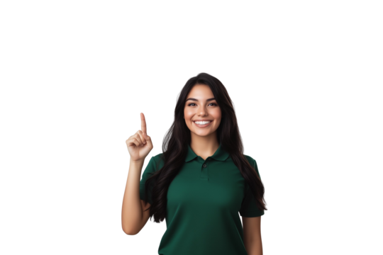 A smiling woman with long dark hair wearing a green polo shirt, holding up one finger pointing upward against an isolated, transparent background