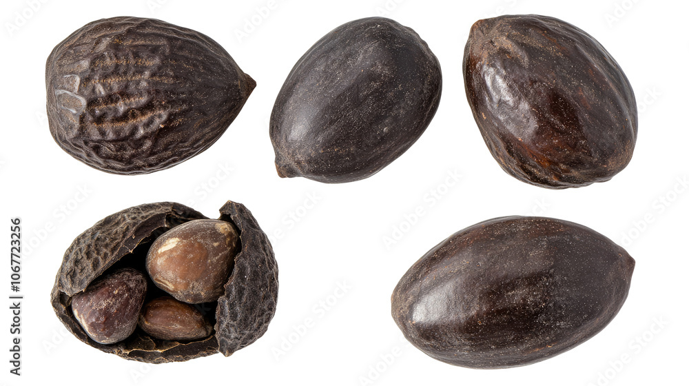 Poster varied shea nuts and shells isolated on a transparent background generative ai