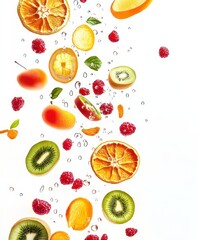 Floating Citrus and Berries on White Background	