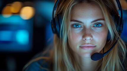 Professional female call center representative engaged in customer service at a modern office late at night