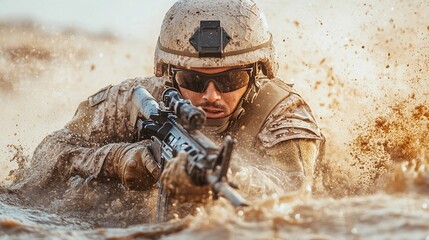 Soldier in combat gear navigating muddy terrain while engaging in military exercises during a tactical drill at dawn