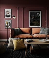 Interior of modern living room with pink wall, 3d render