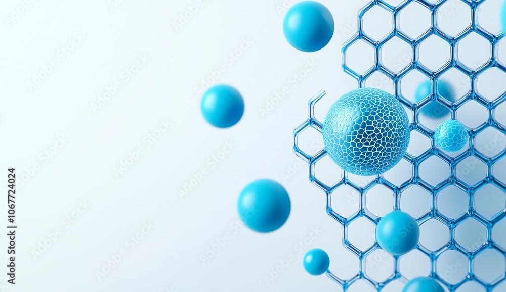 Poster using 3d rendering, plasma balls are dropped on hexagon geometry, the skin is close-up with a water 