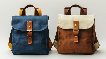Two modern minimalist backpacks in denim and beige on neutral background