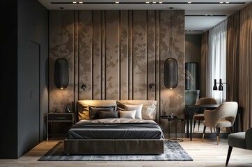 Luxury bedroom interior with brown marble walls, wooden floor, comfortable king size bed and armchair. 3d rendering