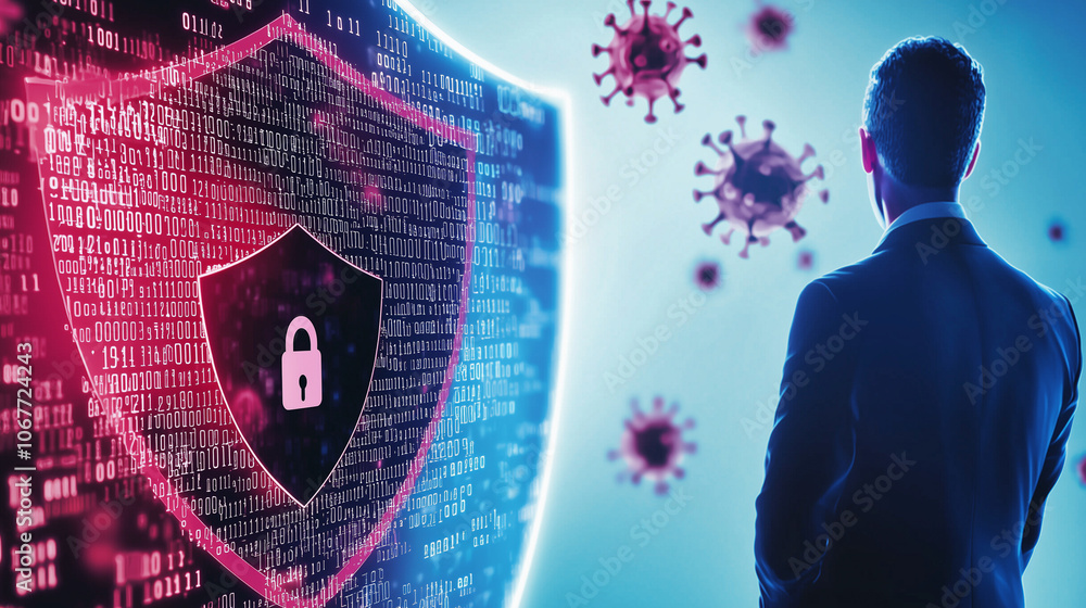 Poster digital shield with locks and code for cybersecurity protection