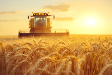 Fototapeta premium A golden wheat field stretches across the foreground, with a harvesting machine working efficiently, collecting the ripe crops in a scene of agricultural abundance