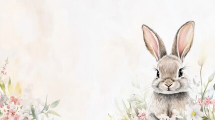 Obraz premium Watercolor rabbit with spring flowers, creating a soft and charming Easter or spring illustration