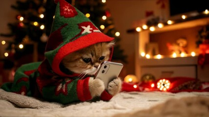 Christmas funny cat pet concept of a cute chubby little kitten in festive Christmas sweater looking to smartphone attentively. Smartphone Christmas gifts online. Christmas tree cozy interior. 