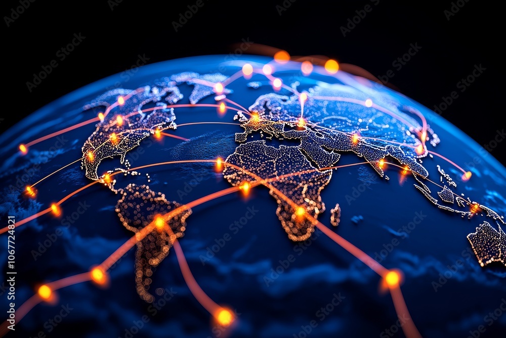 Poster an approach based on plexus structure of lines and nodes around a blue earth sphere. background in t