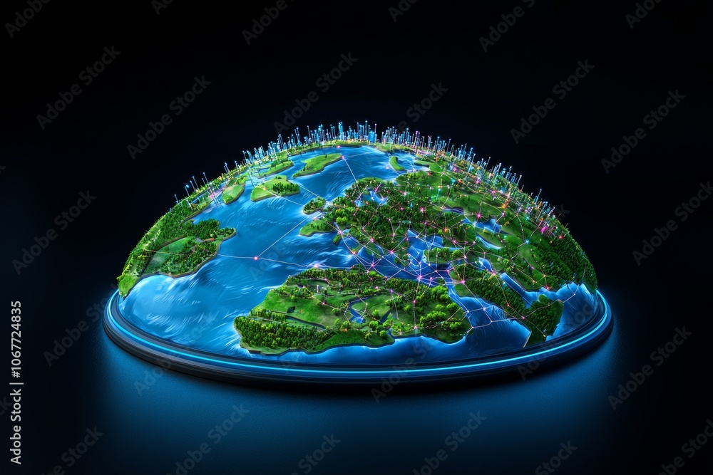 Poster sphere with lines and nodes around it. technology science and engineering background. depth of field