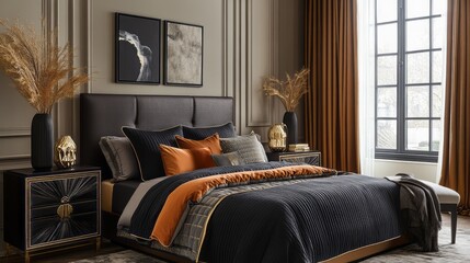 Obraz premium Luxurious Black and Gold Bedroom Interior with Tufted Headboard and Decorative Accents